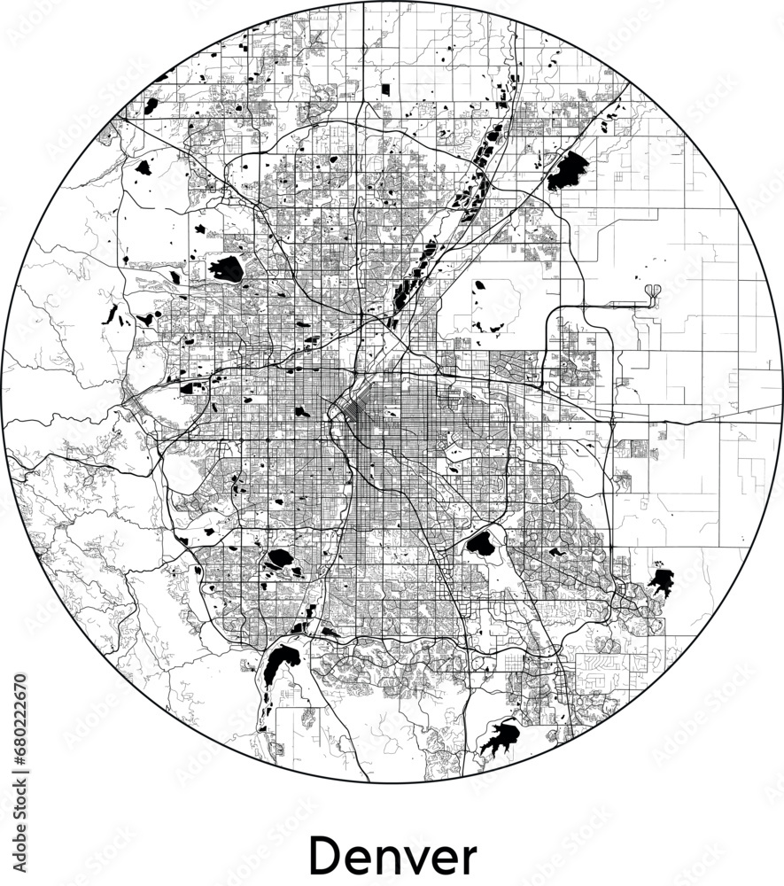 Obraz premium Minimal City Map of Denver (United States, North America) black white vector illustration