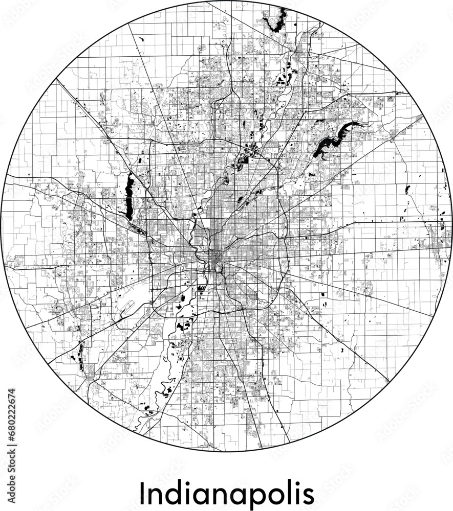 Minimal City Map of Indianapolis (United States, North America) black white vector illustration