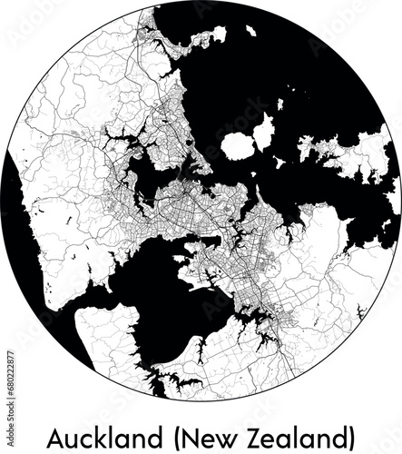 Minimal City Map of Auckland New Zealand (New Zealand, Oceania) black white vector illustration