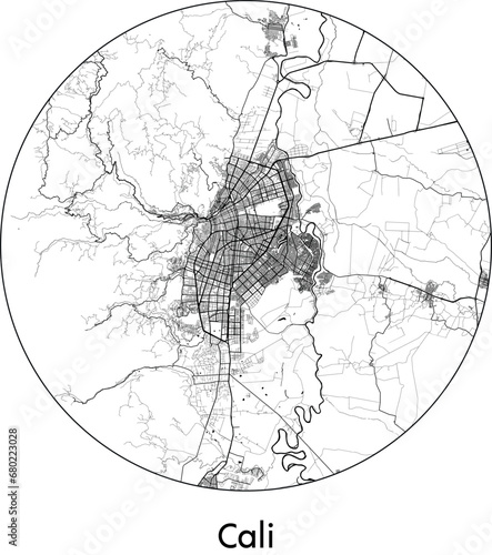 Minimal City Map of Cali (Colombia, South America) black white vector illustration