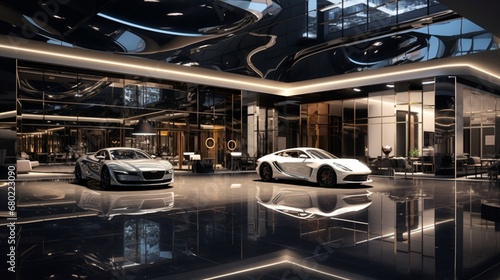 A high-end car showroom with a glossy, reflective ceiling showcasing luxury automobiles. © ZUBI CREATIONS