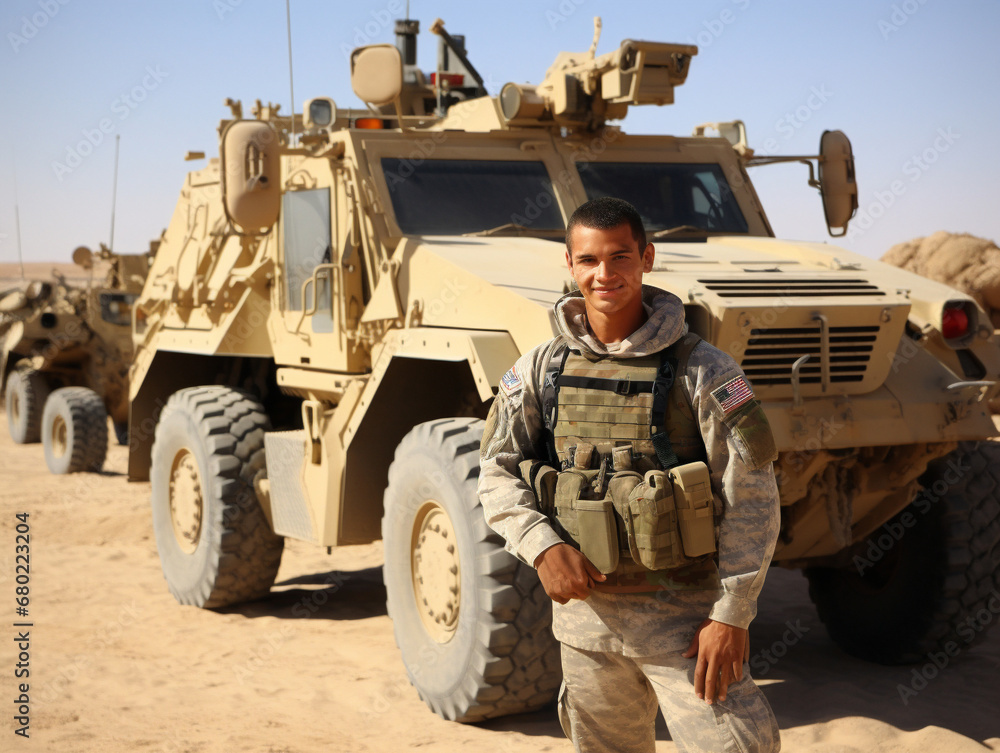 A soldier proudly stands next to a military vehicle, symbolizing strength and dedication.