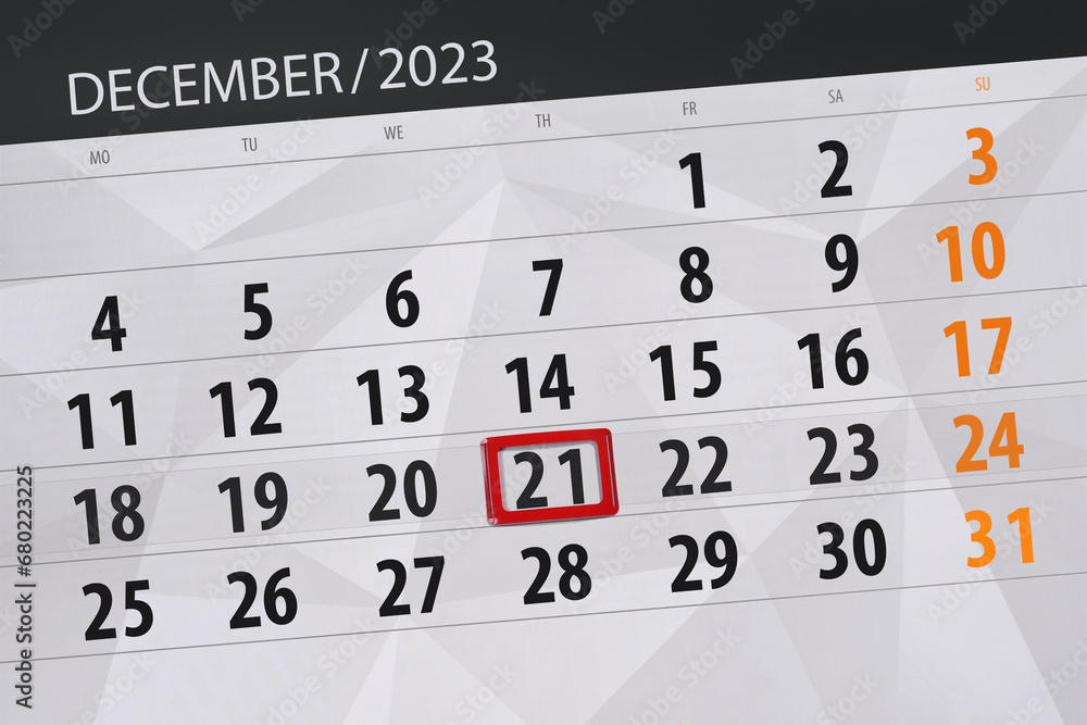 Obraz premium Calendar 2023, deadline, day, month, page, organizer, date, December, thursday, number 21