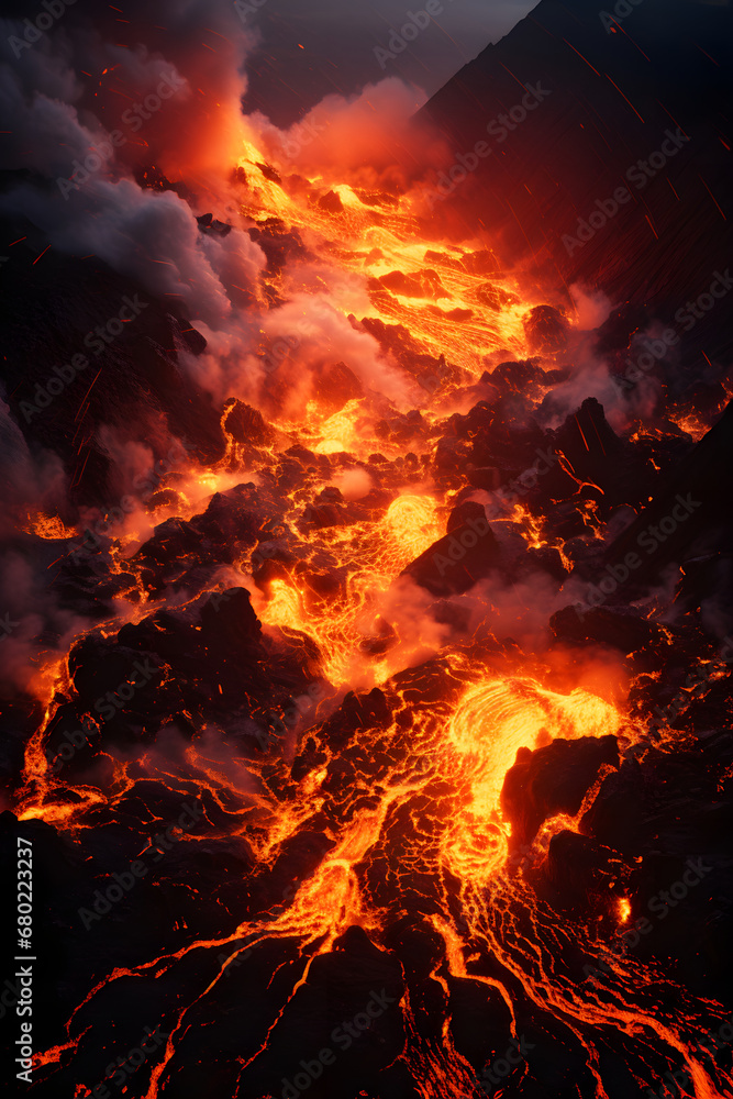 volcanic eruption, streams of incandescent lava flow down the slope. fire magma. volcanic eruption, streams of incandescent lava flow down the slope. fire magma.