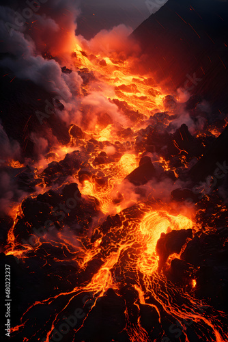 volcanic eruption, streams of incandescent lava flow down the slope. fire magma.