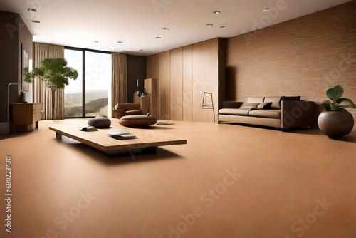 Earthy minimalism  Cork flooring  earth-toned walls  minimalistic furniture  natural textures  eco-luxury  sustainable design
