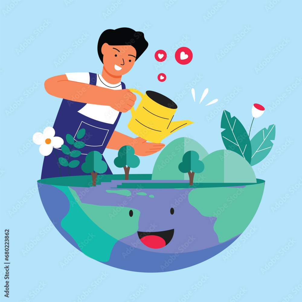 Vector world environment day concept flat illustration with man watering plant take care for earth Vector world environment day concept flat illustration with man watering plant take care for earth