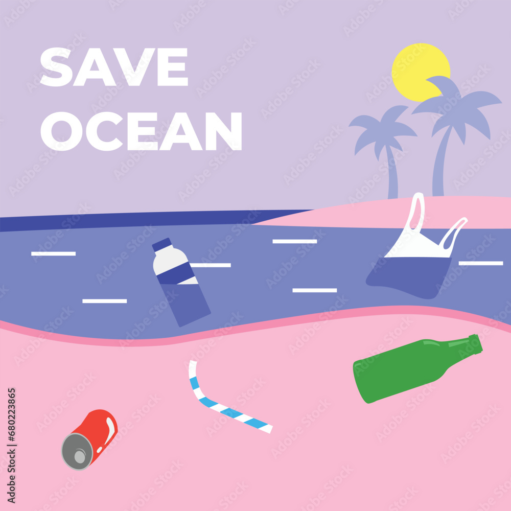 Vector save ocean concept flat illustration with ocean plastic pollution on the beach Vector save ocean concept flat illustration with ocean plastic pollution on the beach