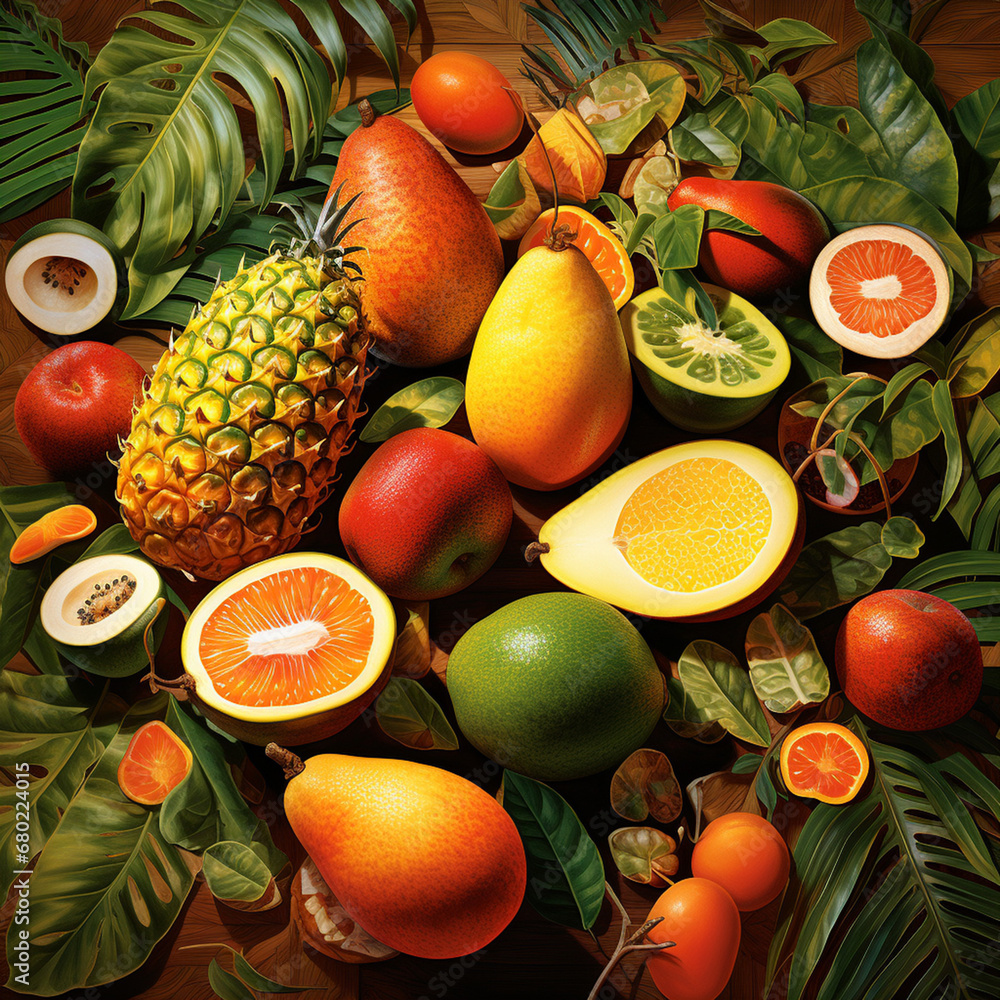 highly detailed illustrations of tropical fruits such as mangoes ...