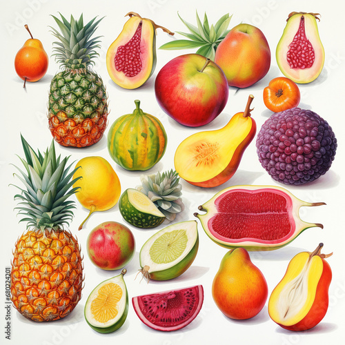 highly detailed illustrations of tropical fruits such as mangoes  pineapples  and passion fruit created with Generative Ai