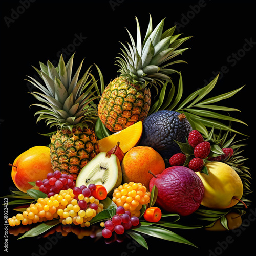 highly detailed illustrations of tropical fruits such as mangoes, pineapples, and passion fruit created with Generative Ai