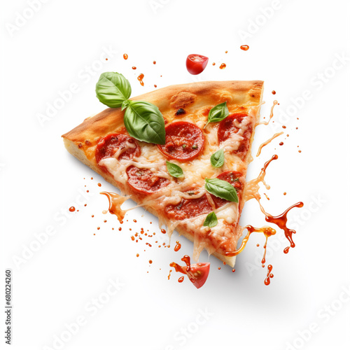  Create Template with delicious slice of margherita pizza flying on white background. Ai generative photo