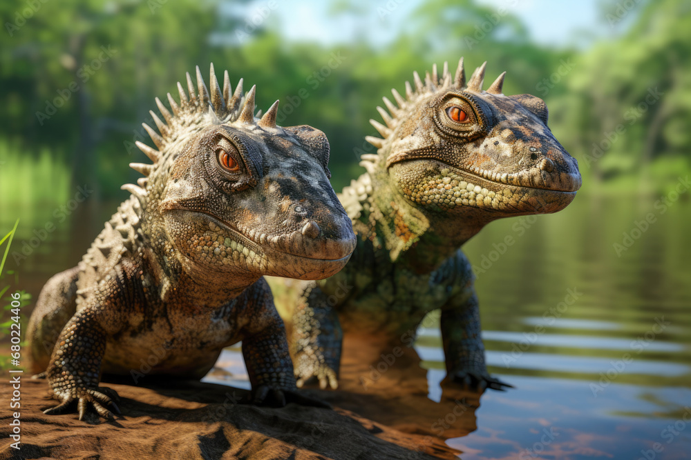 two ancient dinosaur reptiles in the water two ancient dinosaur reptiles in the water