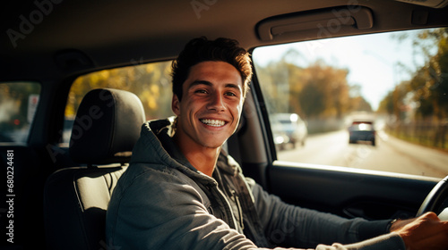 hombre joven sonriendo manejando un vehículo, mirando a la cámara  photo