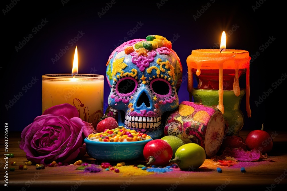 A bright skull in the style of Day of the Dead with candies and candles on a dark purple background. A bright skull in the style of Day of the Dead with candies and candles on a dark purple background.