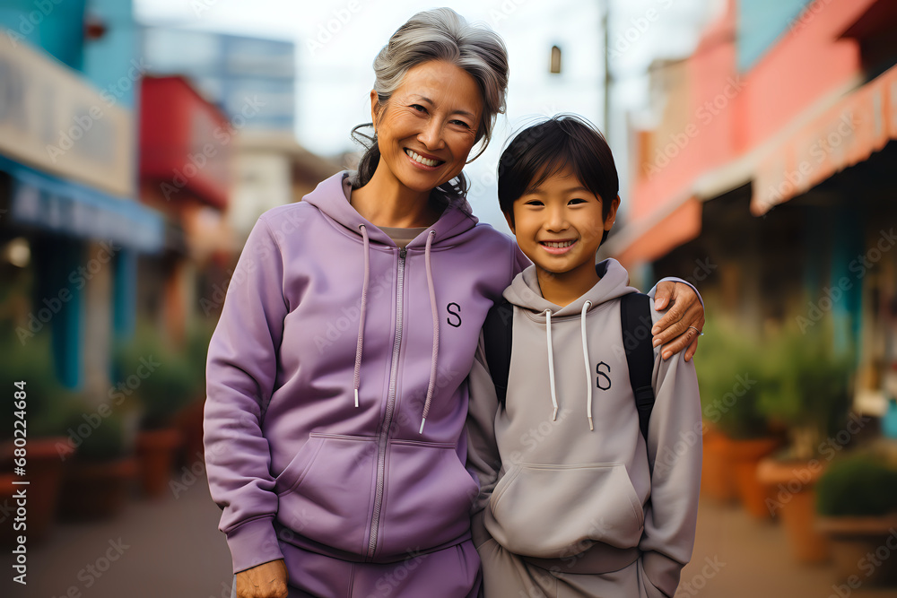 happy grandmother and grandson jogging on a blurred city background