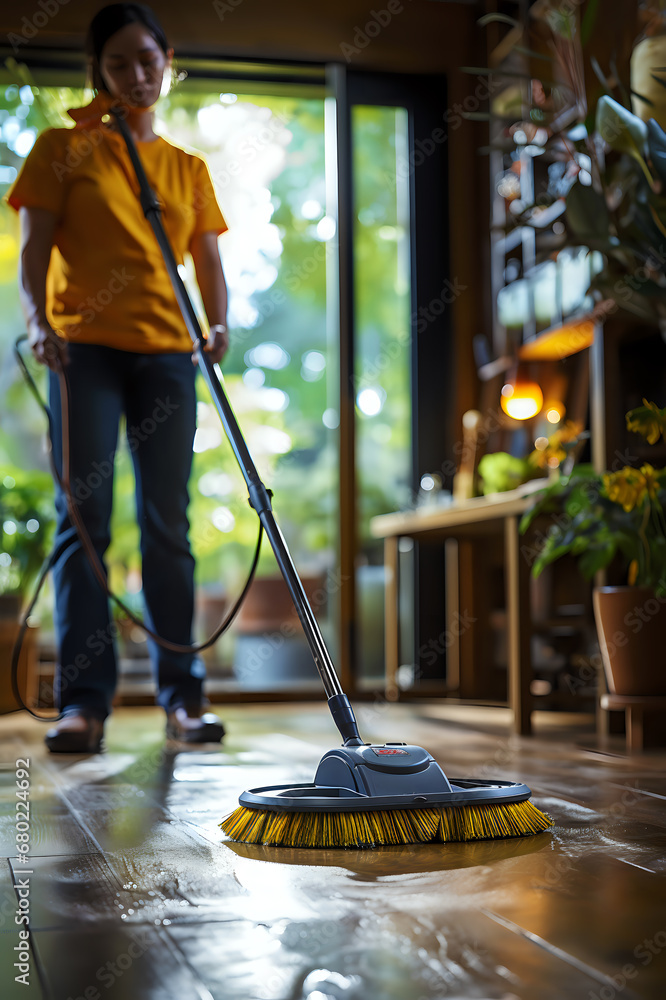 Fototapeta premium A janitor with a modern mop cleans in the evening with bokeh on the background