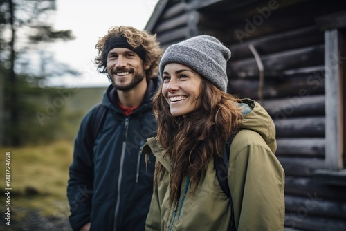 An adult Caucasian man and woman, both smiling, against the background of nature and a wooden cabin.