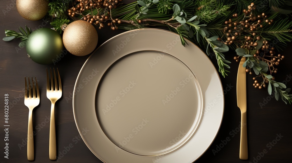 Christmas table with beige plate, candles and fir branches. Concept: festive New Year's feast atmosphere. Table setting. Banner with copy space Christmas table with beige plate, candles and fir branches. Concept: festive New Year's feast atmosphere. Table setting. Banner with copy space