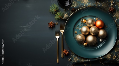 Christmas table with a dark blue plate  candles and fir branches. Concept  festive New Year s feast atmosphere. Table setting. Banner with copy space