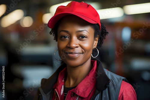 portrait of a middle-aged dark-skinned woman in a red safety helmet at an enterprise
