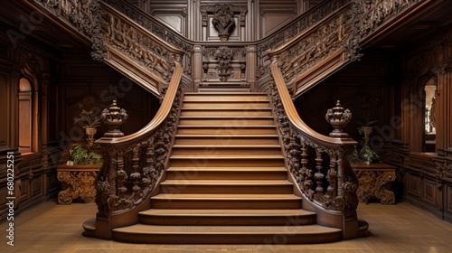 A wooden staircase with ornate railings in an old mansion.