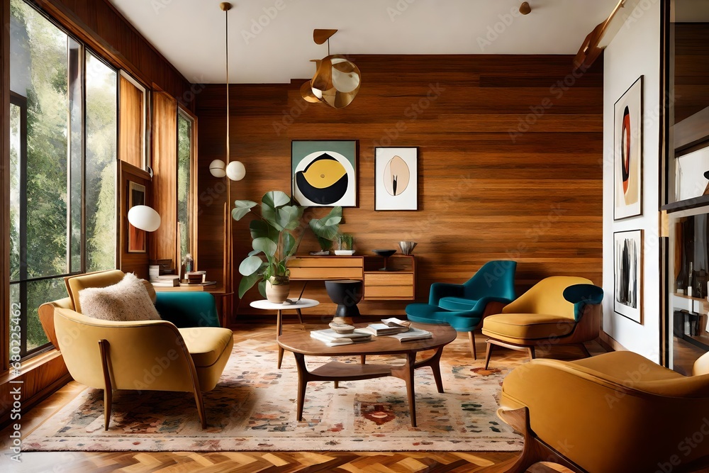 Mid-century modern gem, retro hardwood floors, retro-inspired walls