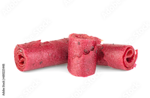 Natural and healthy snack food - fruit pastille from apples, raspberry and currant on a white background. Fruit Marshmallow.