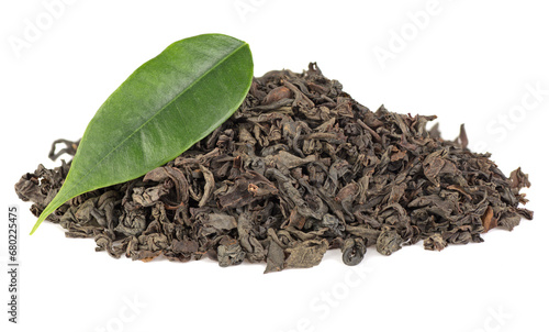 Dry black tea and fresh tea leaf isolated on a white background. Black Ceylon tea.