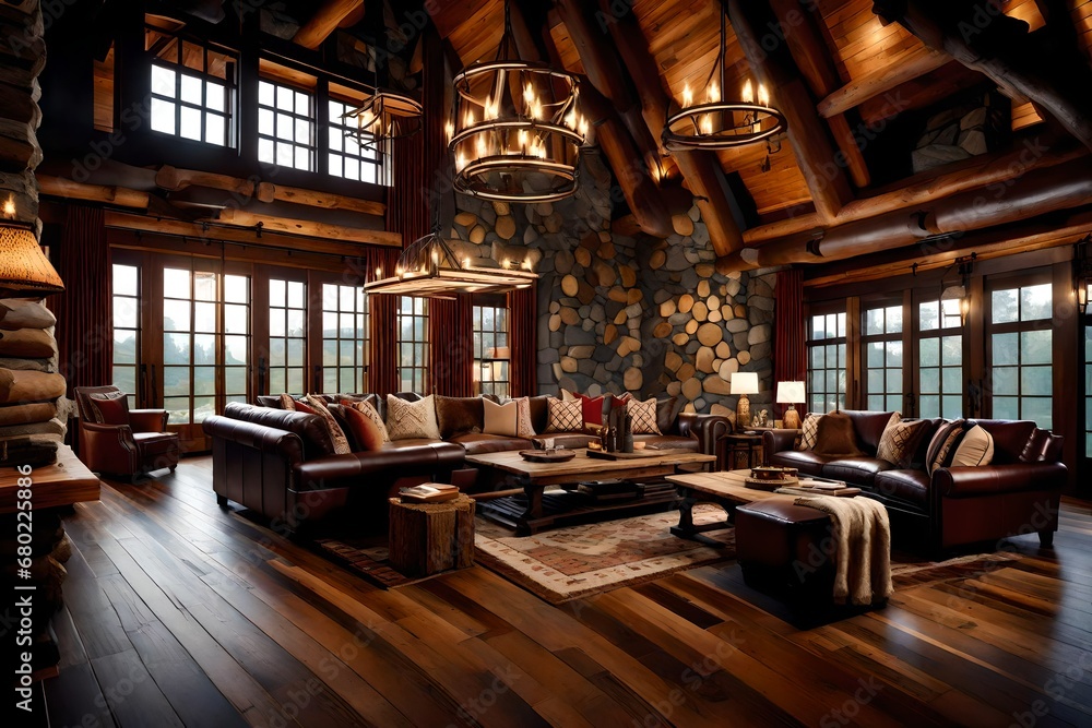 Rustic mountain lodge, reclaimed wood flooring, natural stone walls, log cabin furniture, cozy and woodsy textures, lodge-inspired ambiance, rustic style, animal hides and antler accents