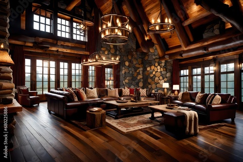 Rustic mountain lodge, reclaimed wood flooring, natural stone walls, log cabin furniture, cozy and woodsy textures, lodge-inspired ambiance, rustic style, animal hides and antler accents photo