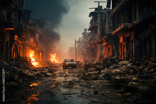 Post-apocalyptic scene of a devastated city street with fires, abandoned car, and ruined buildings under a dramatic sky. photo