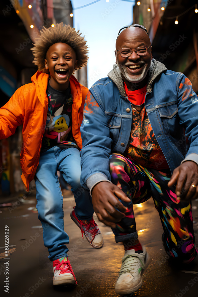 black grandfather and grandson having fun on vacation together, happy grandfather and grandson spending time together in bright fashionable clothes