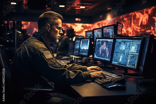 A focused military officer working in a high-tech surveillance control room with multiple screens displaying strategic data.
