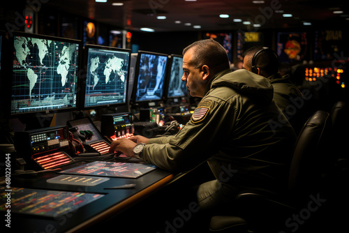 Military officers monitoring screens in a high-tech global surveillance command center.