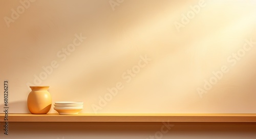 Sunlit shelf with a rustic vase and elegant orange bottle.