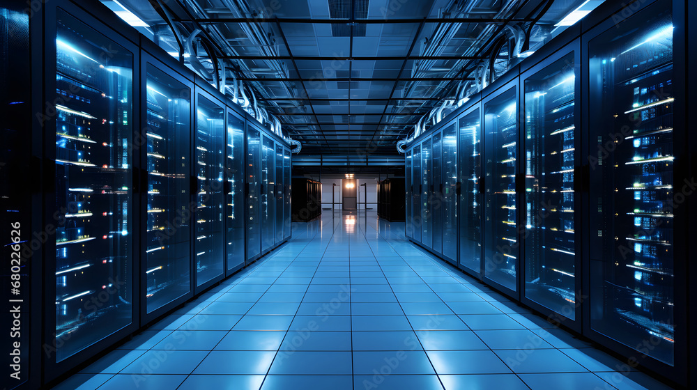 Obraz premium Server room data center. Backup, mining, hosting, mainframe and computer rack with storage information. 3d render