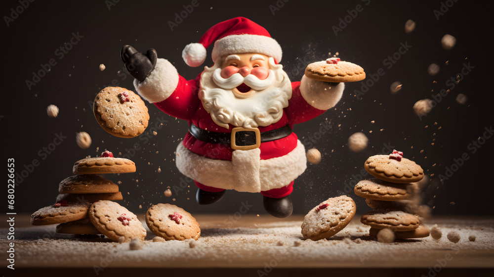 Cute Santa Claus flying in the air with cookies and falling white sugar on dark background