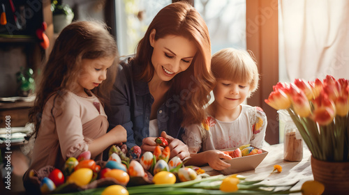 Happy mother and her kids painting easter eggs in kitchen at home. Beautiful easter family concept.