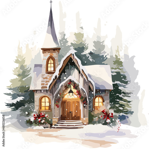 Watercolor vector illustration with winter chalet and deer. Snowy fir forest, isolated on white background. Winter woodland with pine trees. Perfect for Christmas card, poster or print design
