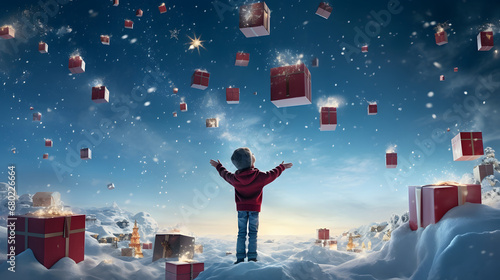 Cute kid boy with hands up against christmas background with christmas gifts falling from sky. 