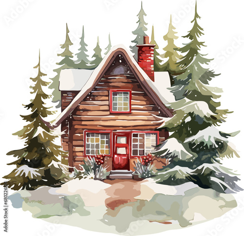 Christmas card template with watercolor winter house with a snow cap, Christmas house, Winter houses landscape vector illustration