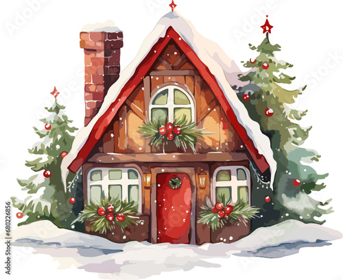 Watercolor vector illustration of a winter chalet and deer in a snowy fir forest, isolated on a white background, ideal for Christmas cards, posters, or print designs. AI generated illustration.