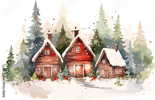 Christmas card template with watercolor winter house and snowy roof in a cozy festive scene, ideal for holiday greeting cards, printable seasonal decor, and winter-themed artwork. AI generation.
