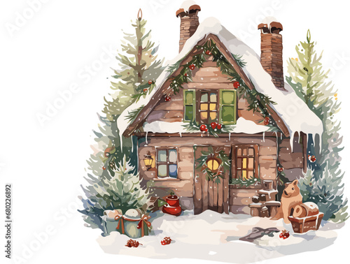 Watercolor vector illustration of a winter chalet and deer in a snowy fir forest, isolated on a white background, ideal for Christmas cards, posters, or print designs. AI generated illustration.