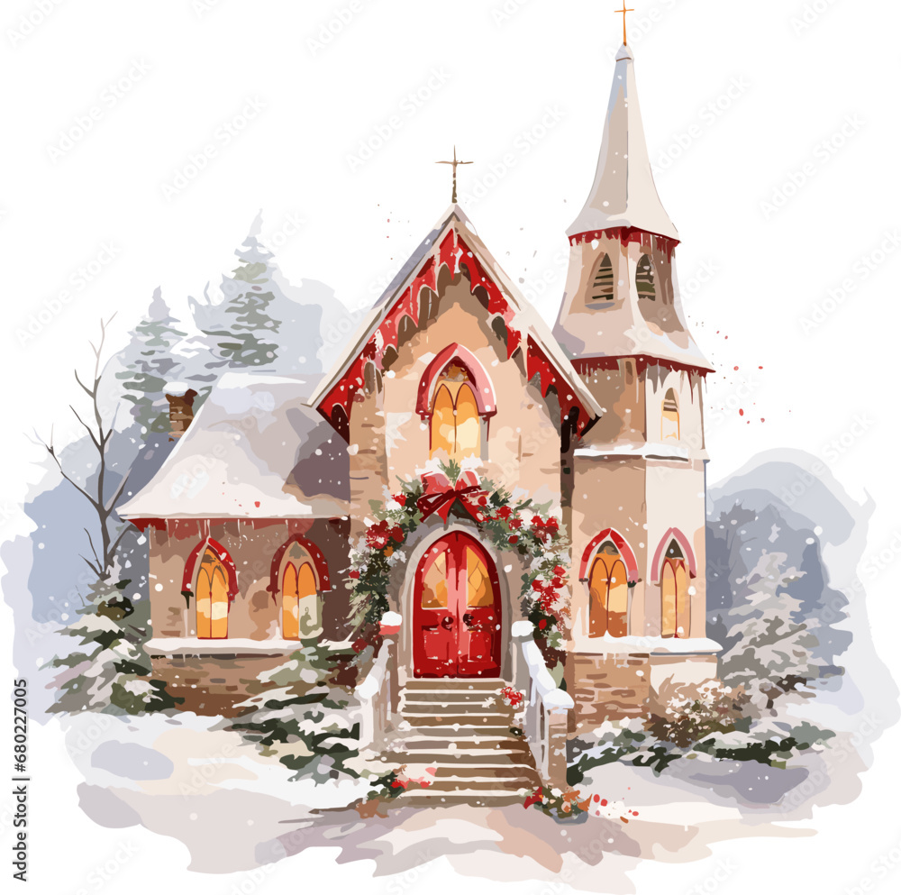 Fototapeta premium Watercolor vector illustration with winter chalet and deer. Snowy fir forest, isolated on white background. Winter woodland with pine trees. Perfect for Christmas card, poster or print design