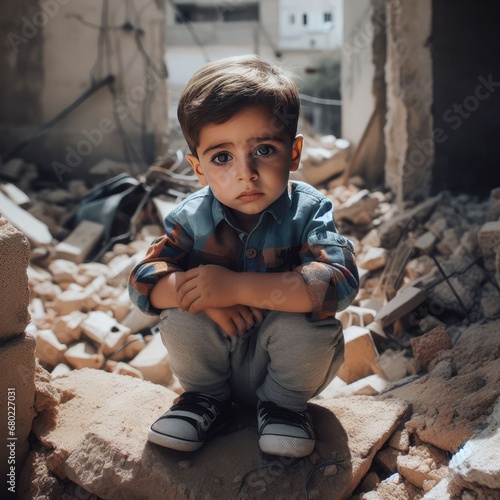 Sad and helpless child, kid, boy sitting on the ruins of his destroyed house because of earthquake, disaster, war photo