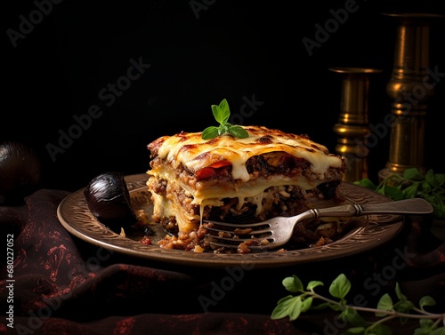 Greece: Moussaka - Layers of eggplant, minced meat, tomatoes, and béchamel sauce, baked in the oven.
