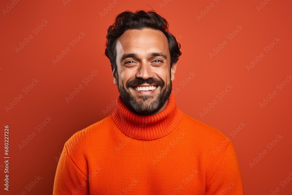 Portrait of a cheerful man in his 30s wearing a cozy sweater against a solid color backdrop. AI Generation Portrait of a cheerful man in his 30s wearing a cozy sweater against a solid color backdrop. AI Generation