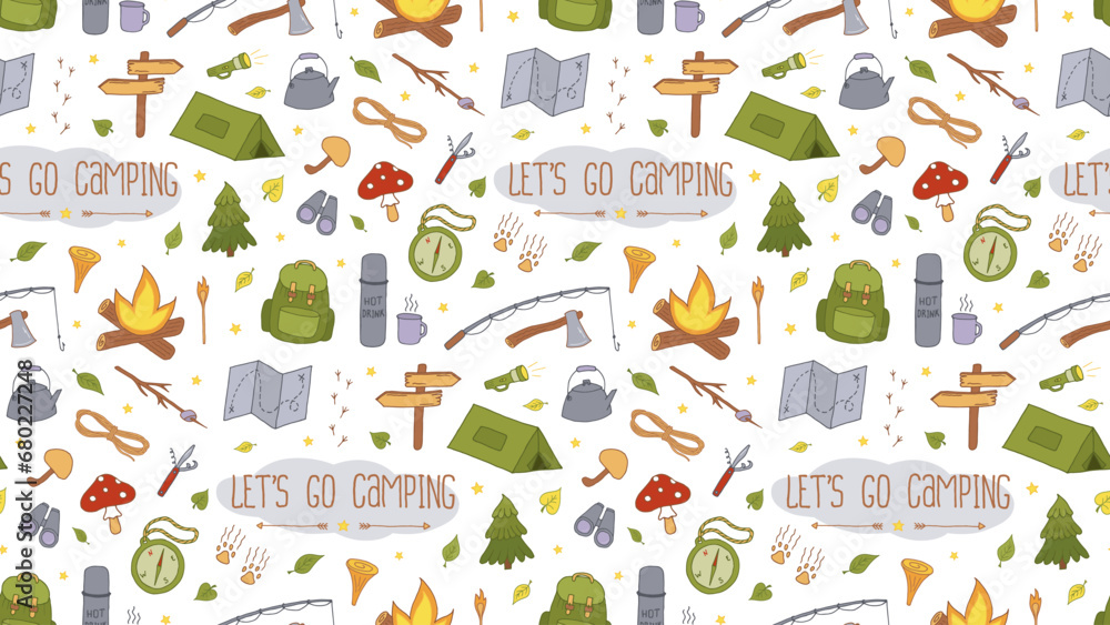 Vector Camping Seamless Pattern. Backpacking and Hiking Colorful Doodle Background. Local Tourism